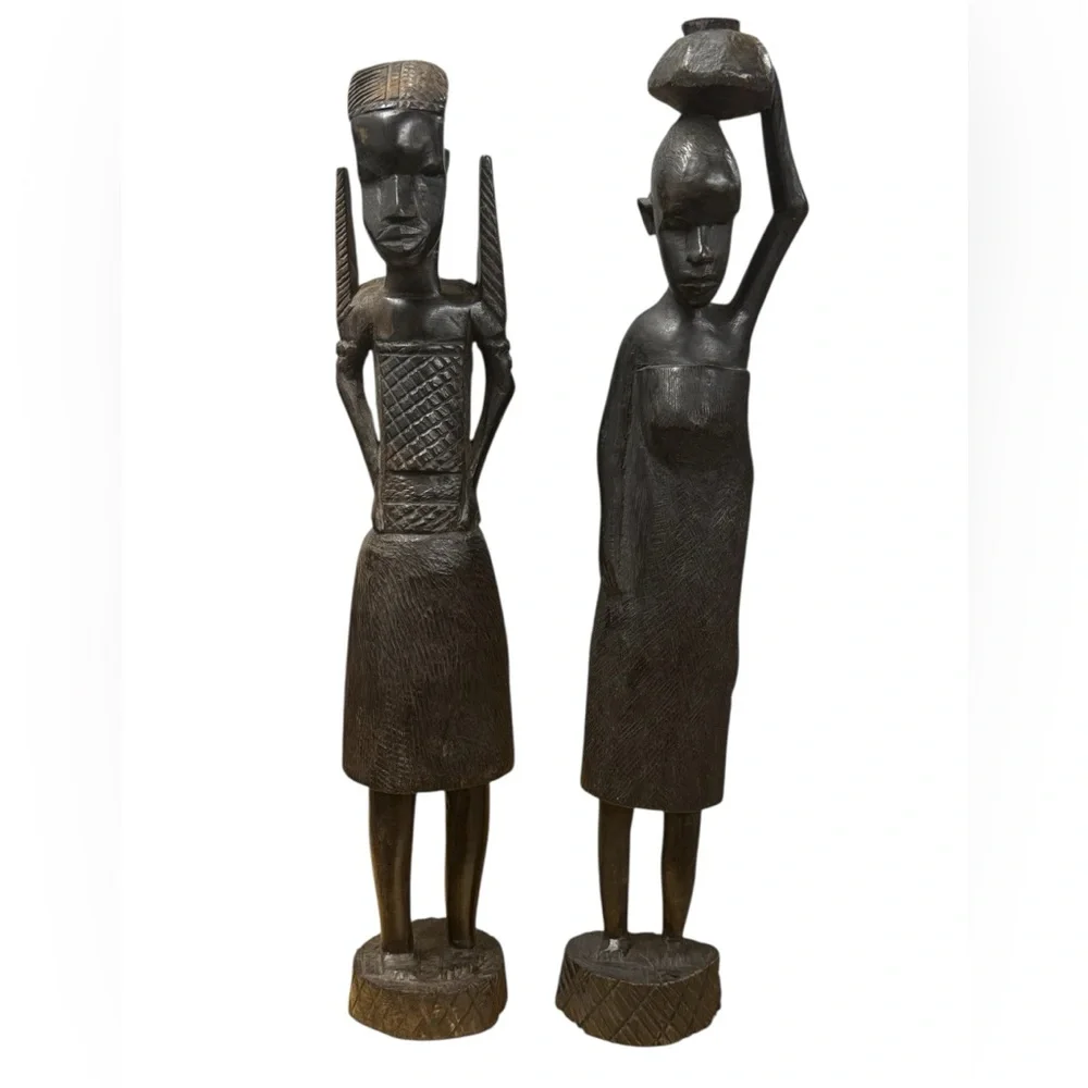 Hand Carved African Tribal Folk Art Ebony Wood Man Woman Sculptures from Kenya